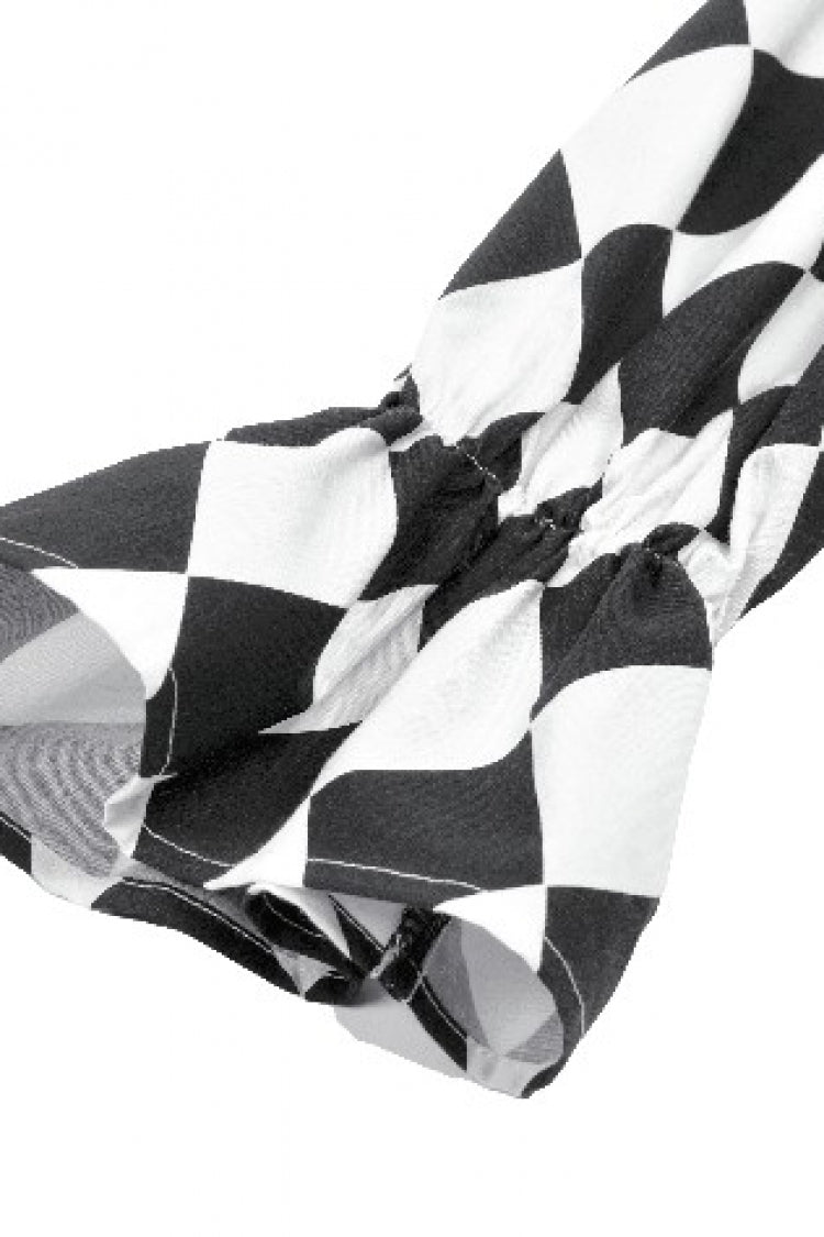 Black/White Harlequin Collar Diamond Pattern Color-Blocked Long Puff Flare Sleeves Women's Gothic Blouse - Product - 16