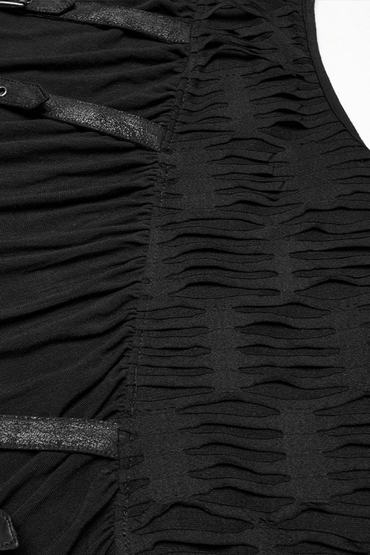 Black Sleeveless Hooded Ripped Ruched Men's Punk Vest - Product - 6