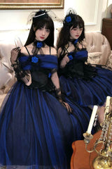 Klein Blue [Echo of Diana] Off Shoulder Ruffled Lace Gothic Lolita Dress - Product - 13