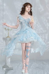 Blue [Summer of Bubbles] Sleeveless Ruffle Embroidery Lace Irregular Train Sweet Lolita Jsk Dress - Product - 7