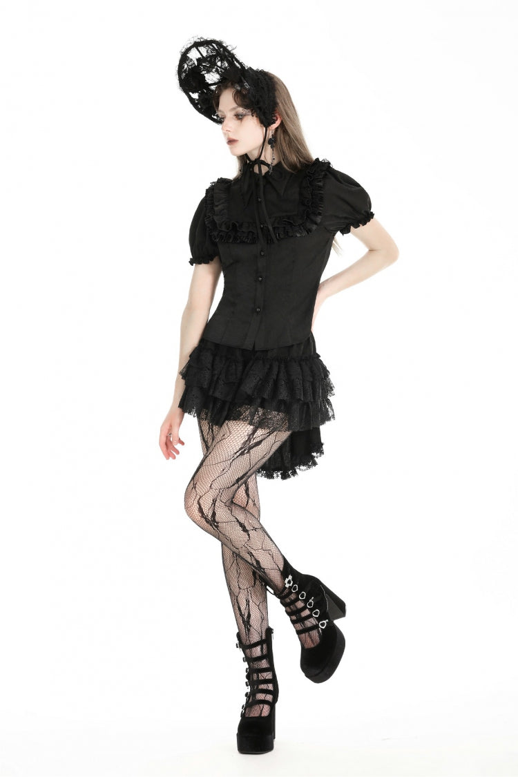 Black Point Collar Short Puff Sleeves Ruffled Women's Gothic Blouse - Product - 9