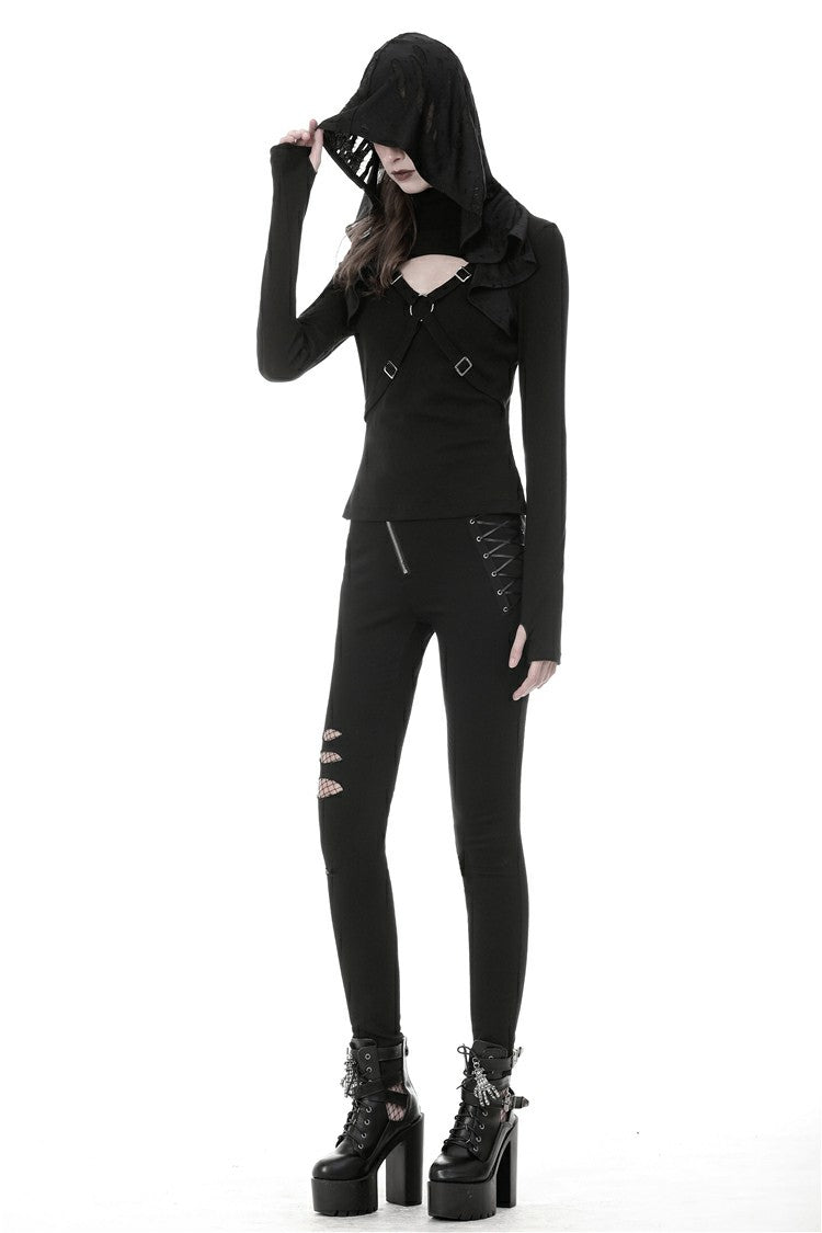 Black Women's Punk Long Sleeves Cut-Out Cross Connection Front Hooded Top - Product - 2
