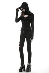 Black Women's Punk Long Sleeves Cut-Out Cross Connection Front Hooded Top - Product - 2
