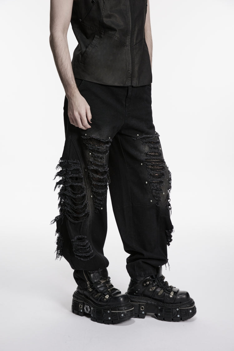 Black Irregular Mesh Ripped Studded Zippered Eyelet Men's Punk Handsome Cool Pants - Product - 8
