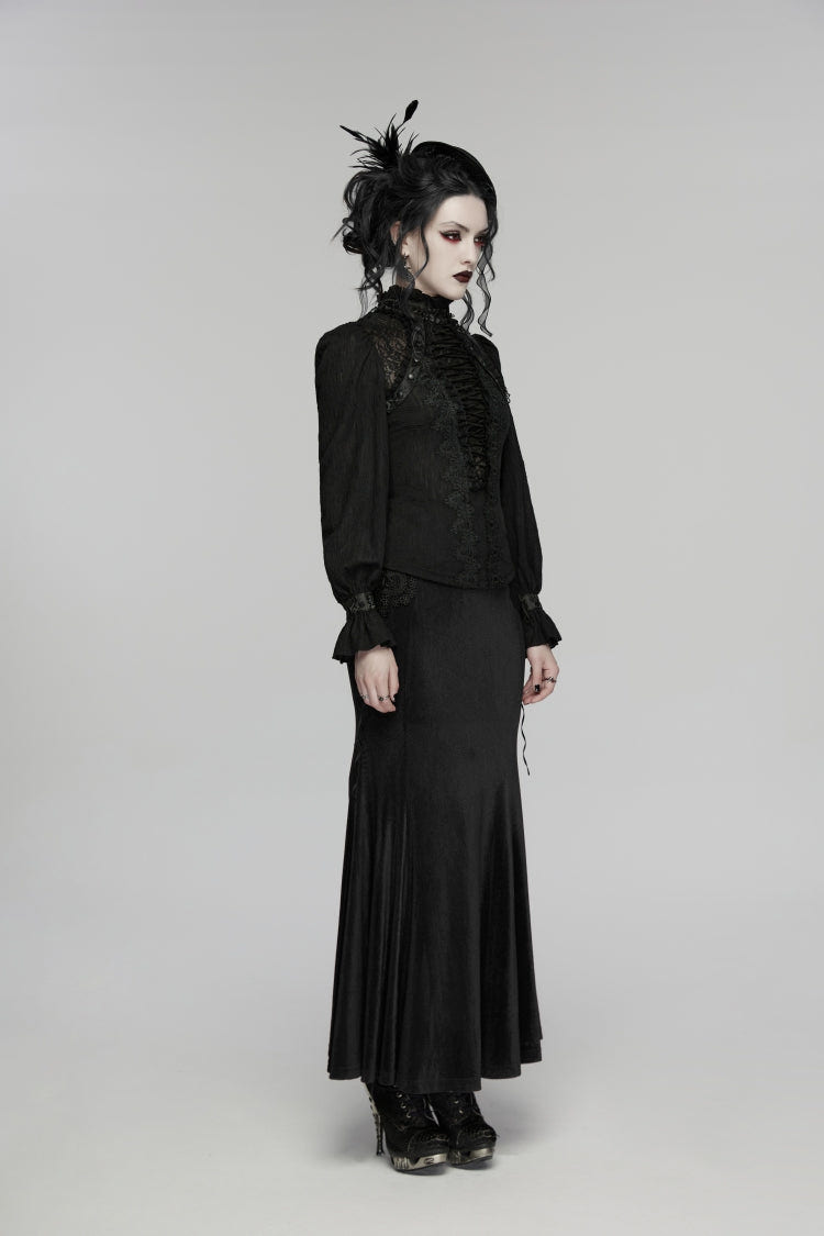 Black Stand Collar Long Sleeves Lace Lace-Up Slim Women's Gothic Blouse - Product - 3