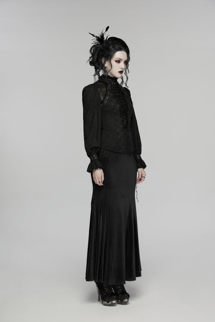 Black Stand Collar Long Sleeves Lace Lace-Up Slim Women's Gothic Blouse - Product - 3