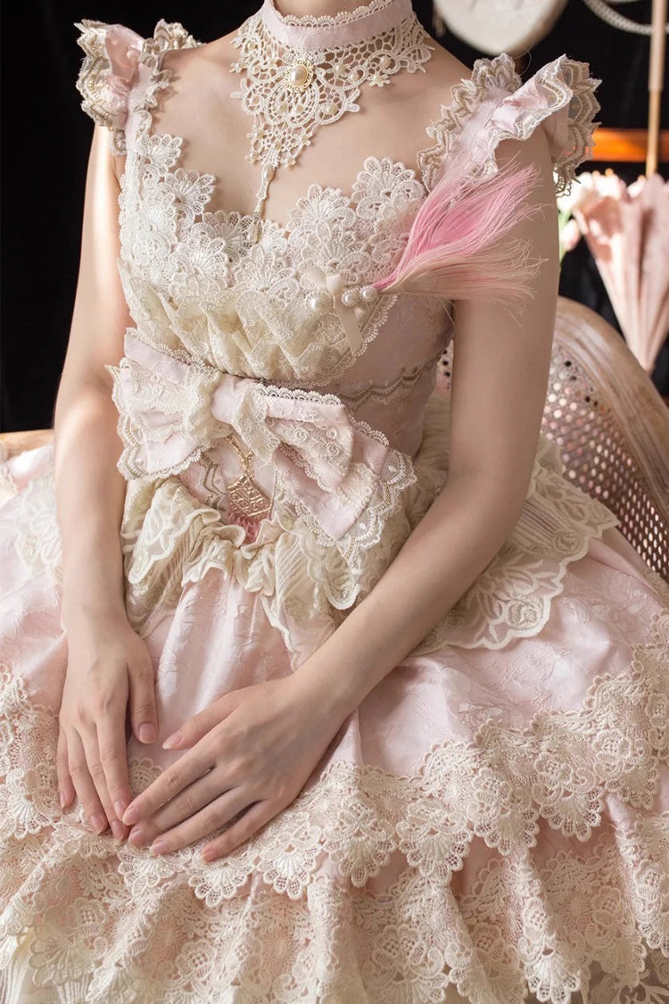 Pink [Peacock Feather] Multi-Layered Ruffle Hanayome Cardigan Bowknot Lace Sweet Lolita Jsk Dress Set - Product - 10
