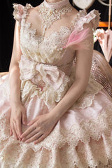 Pink [Peacock Feather] Multi-Layered Ruffle Hanayome Cardigan Bowknot Lace Sweet Lolita Jsk Dress Set - Product - 10