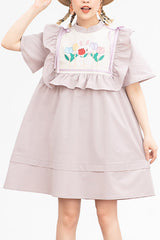 Pink Round Collar Cartoon Floral Print Ruffled Short Sleeves High Waisted Sweet Lolita Dress - Pink - 1