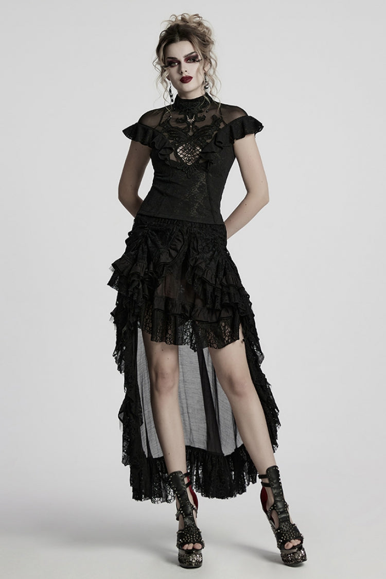 Black Drawstring Hollow Lace Women's Punk Skirt - Product - 4