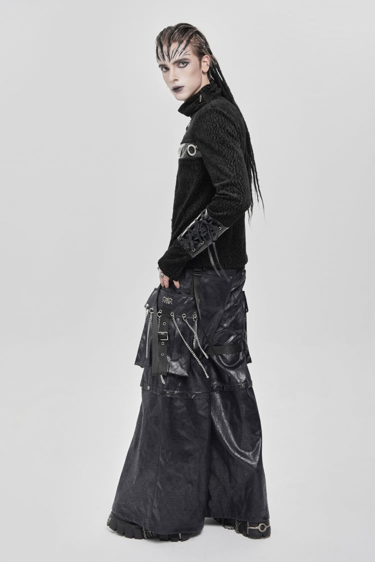 Black Stand Collar Long Sleeves Faux Leather Stitching Chain Eyelet Men's Punk Blouse - Product - 2
