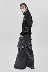 Black Stand Collar Long Sleeves Faux Leather Stitching Chain Eyelet Men's Punk Blouse - Product - 2