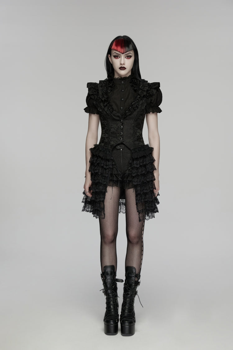Black V Collar Short Sleeves High Waisted Jacquard Ruffled Cut-Out Embroidered Lace Slim Women's Gothic Vest - Product - 2