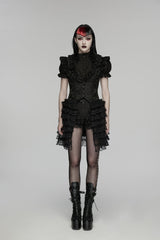 Black V Collar Short Sleeves High Waisted Jacquard Ruffled Cut-Out Embroidered Lace Slim Women's Gothic Vest - Product - 2