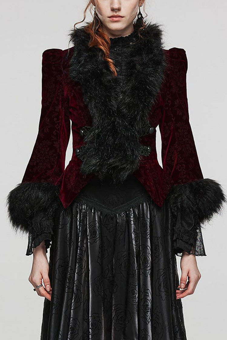 Women's V Collar Long Sleeves Faux Fur Stitching Gothic Coat 4 Colors - Black-Red - 10