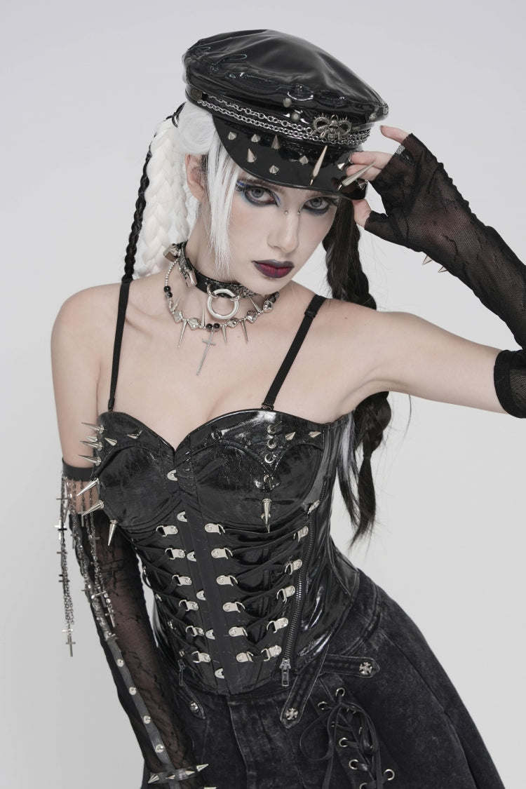 Black Lace-Up Slim Studded Zippered Women's Punk Corset - Product - 7