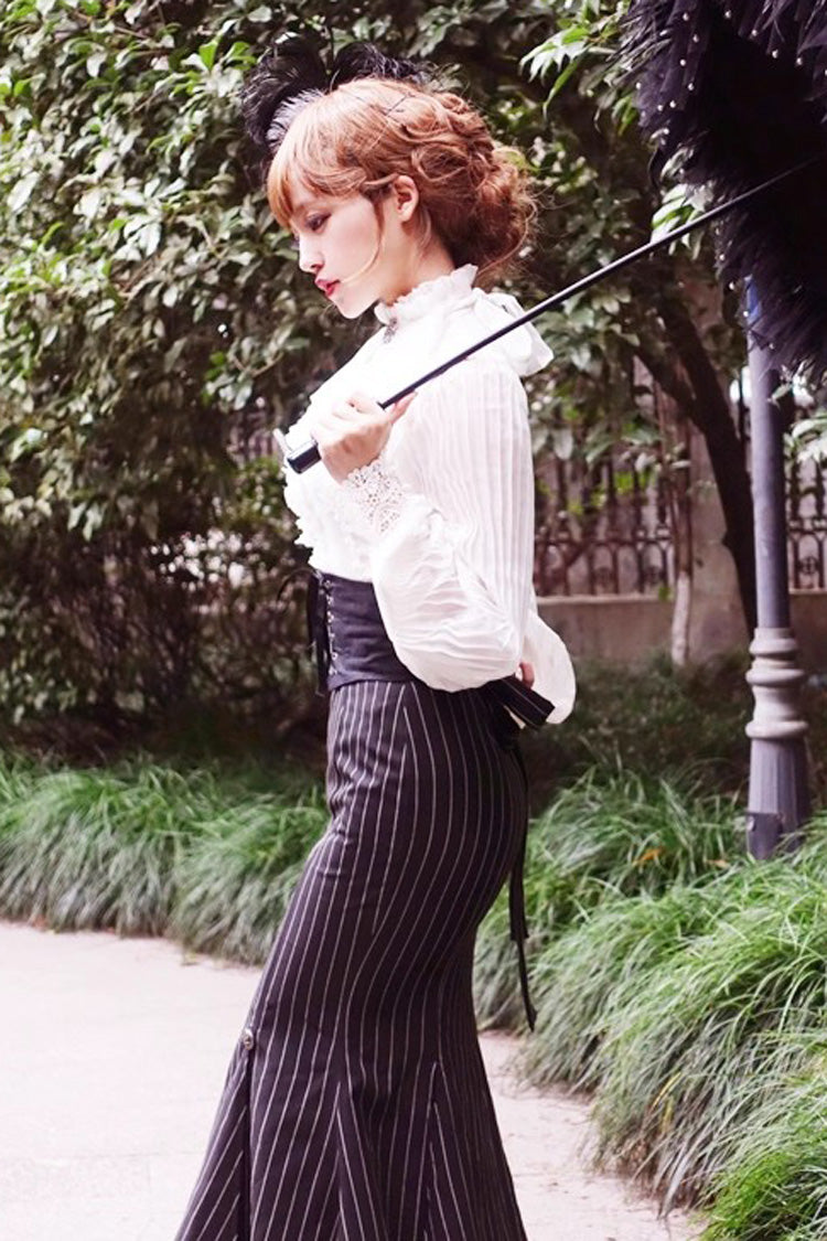 Black [Lorelei] Double-Layered Striped Print Ruffle Gothic Elegant Lolita Mermaid Maxi Skirt - Product - 2