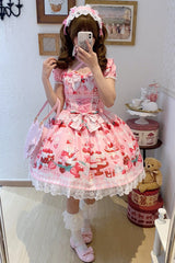 Pink [Strawberry Parfait] Print Short Sleeves Ruffle Bowknot Lace Lace-Up Sweet Lolita Dress - Product - 8