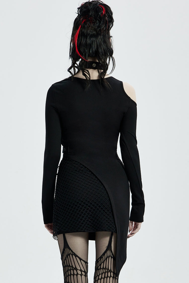 Black Off Shoulder Hollow Stitching Irregular Mesh Women's Steampunk Dress - Product - 3