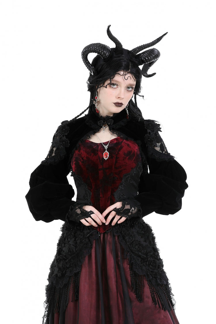 Black Long Lantern Sleeves Lace Spliced Velvet Women's Gothic Cape - Black - 1