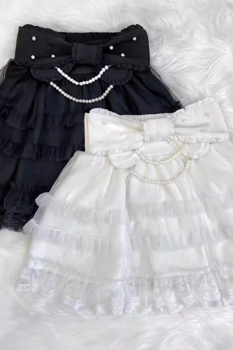 Pearl Ruffle Bowknot Lace Sweet Jirai Kei Skirt 2 Colors - Product - 4