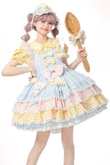 Blue/Pink/Yellow Sweetheart Macaron Ice Cream Multi-Layered Ruffle Bowknot Sweet Lolita Dress - Blue/Pink/Yellow - 1