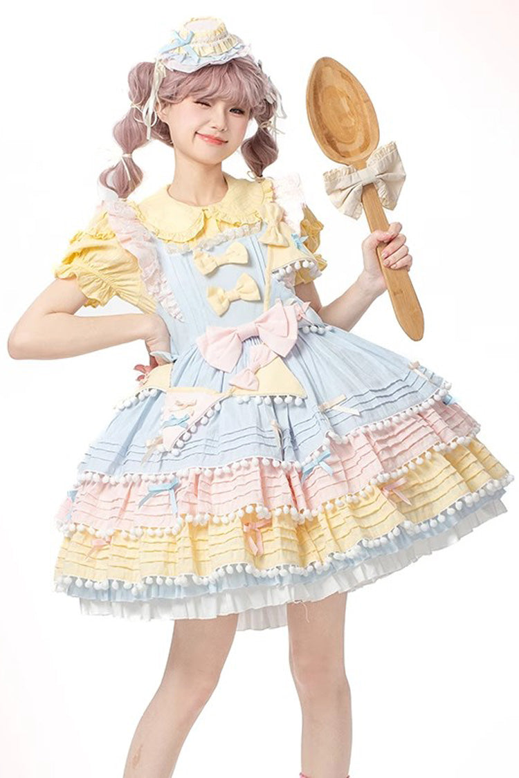 Blue/Pink/Yellow Sweetheart Macaron Ice Cream Multi-Layered Ruffle Bowknot Sweet Lolita Dress - Blue/Pink/Yellow - 1