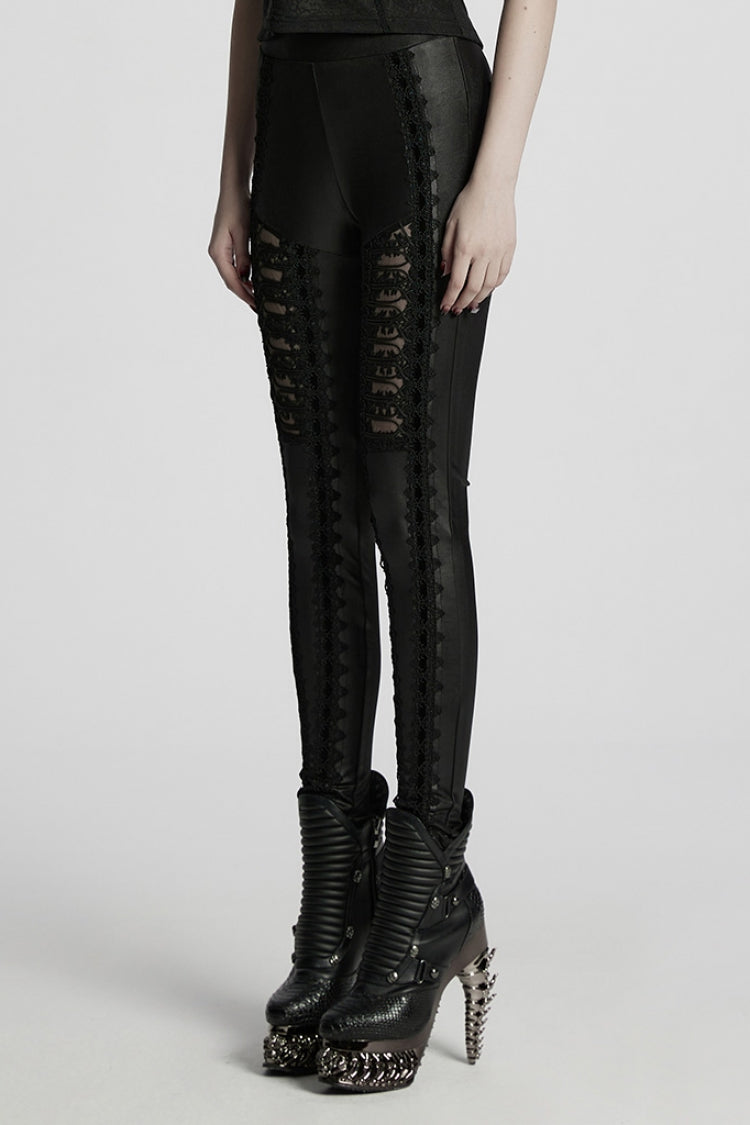 Black Floral Embroidery Women's Gothic Leggings - Product - 2