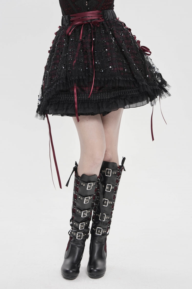 Black/Red Multi-Layered Lace Lace-Up Women's Gothic Skirt - Product - 5
