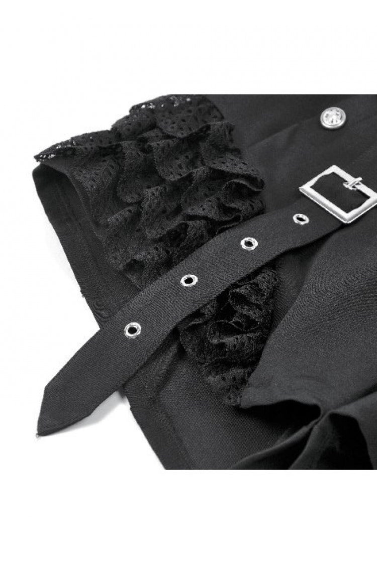 Black High Waisted Ruffled Lace Patchwork Buckled Straps Cross Zippered Women's Punk Shorts - Product - 14