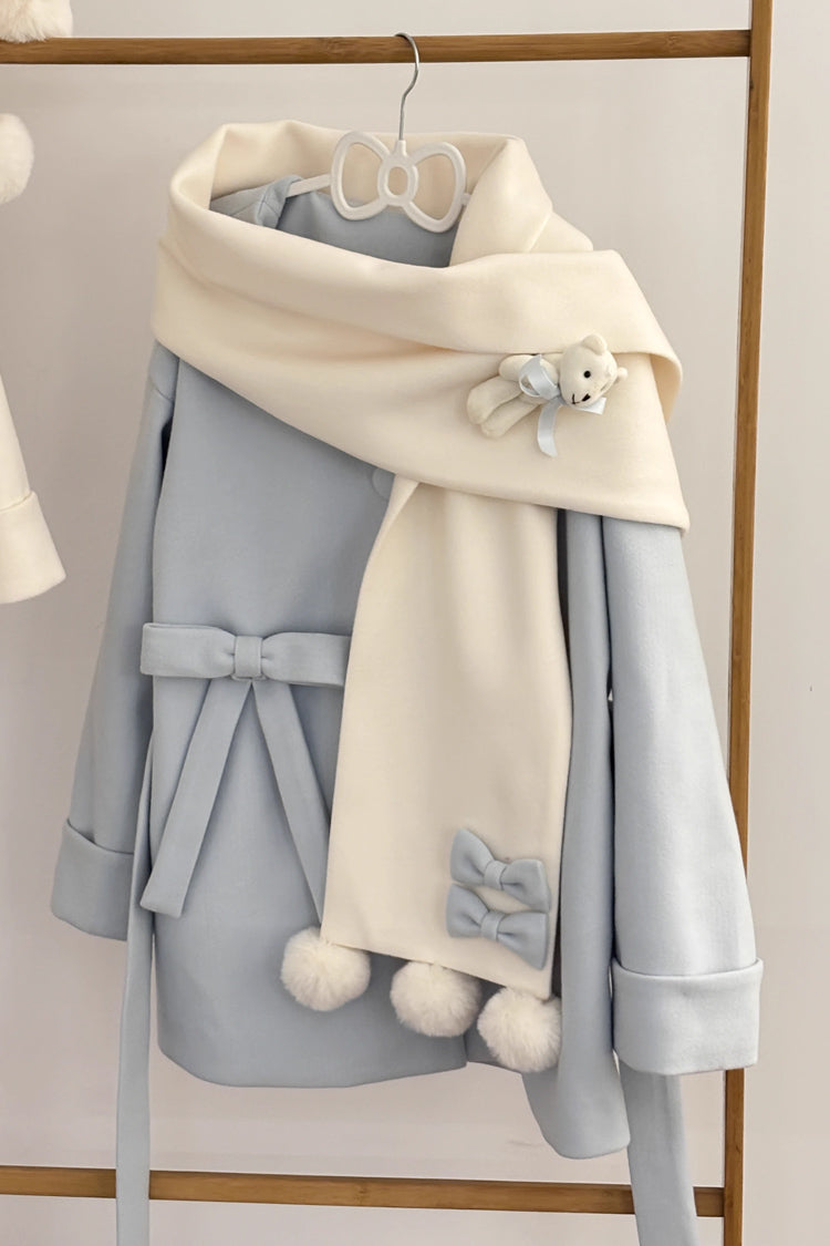 First Snow Bear Bowknot Scarf Design Sweet Japanese Lolita Coat 4 Colors - Blue - 8