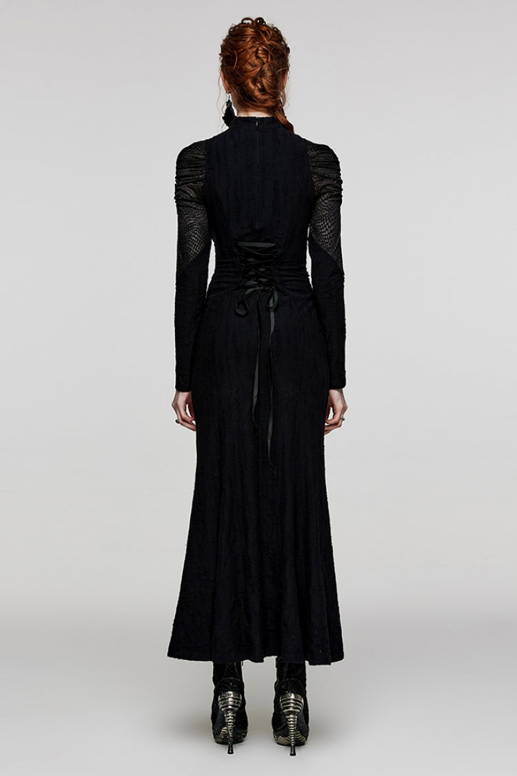 Black Stand Collar Snake Print Stitching Lace-Up Mesh Women's Gothic Dress - Product - 3
