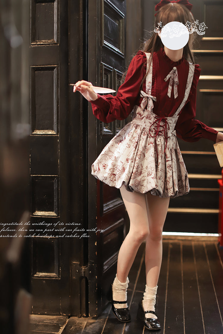 Grey [Elise] Print Ruffle Lace-Up Sweet Lolita Skirt - Product - 8