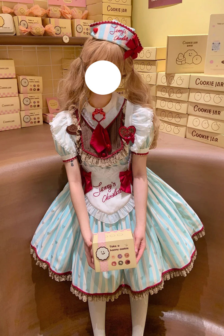 Green [Jenny's Chocolate] Short Sleeves Vertical Stripes Print Ruffle Bowknot Sweet Lolita Dress - Product - 10