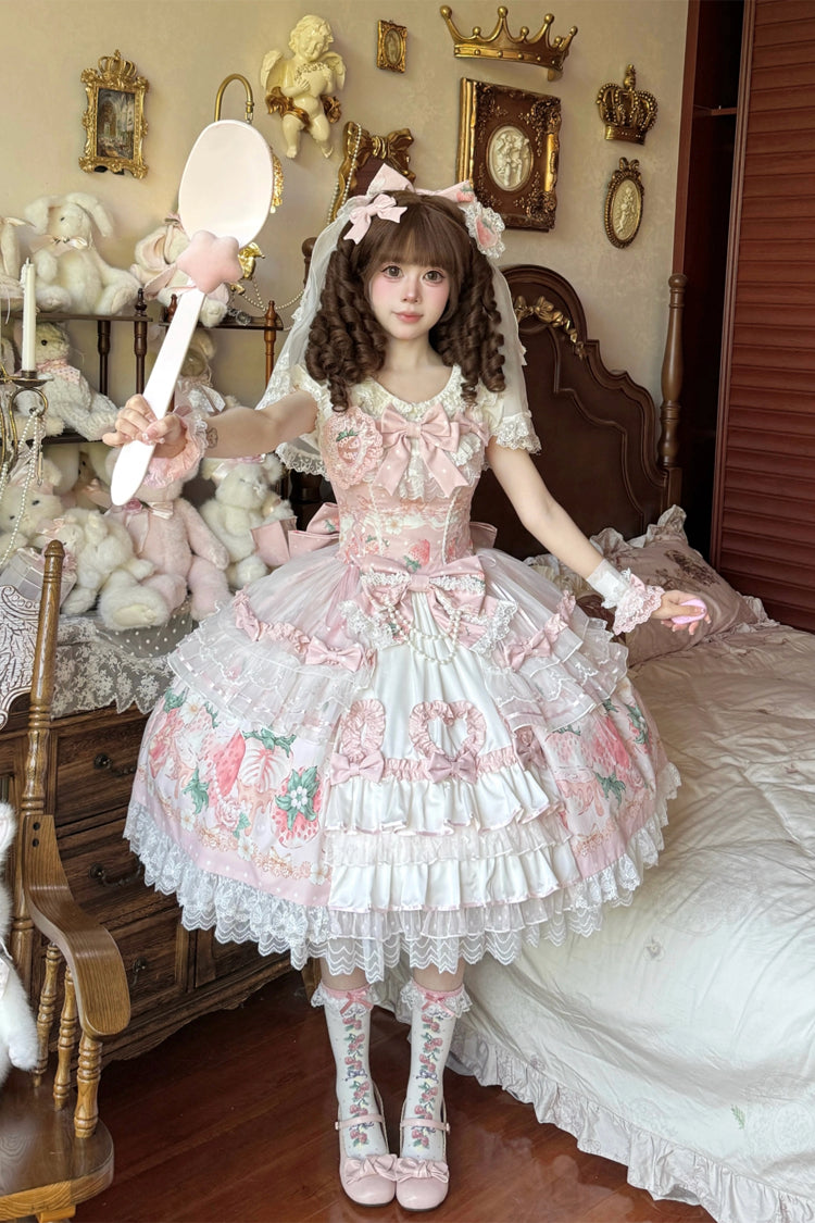 Pink [Berry Sweet Wish] Square Collar Printed Ruffled Open-Front Bow Lace Pearl-Decorated Sweet Lolita Jsk Dress Set - Pink - 1