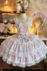 Purple [Candelabrum Elegy] Sleeveless Triple-Layered Flower Wall Printed Ruffled Bow Lace Sweet Lolita Jsk Dress - Product - 3