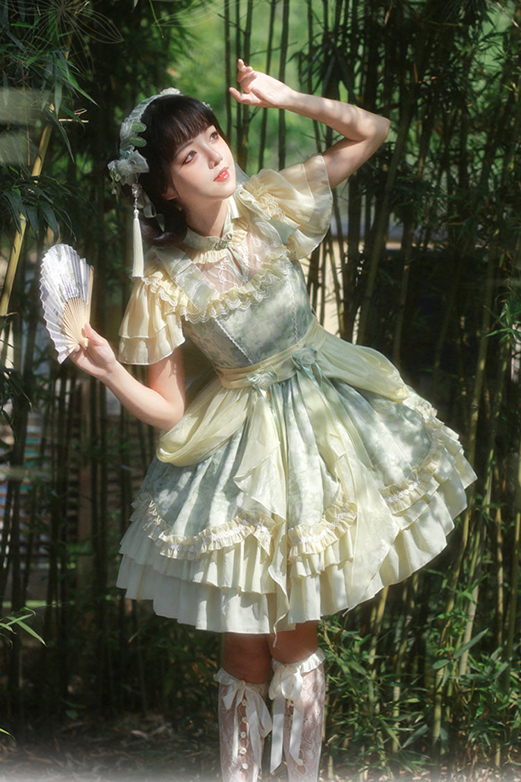 Green Pepper Chiffon Double-Layered Ruffle Bowknot Lace Sweet Chinese Style Lolita Dress - Product - 9