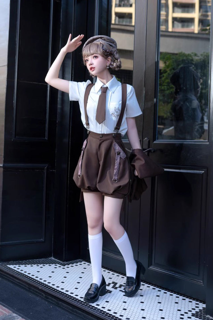 Brown Bunny Detective Short Sleeves Prince Ouji Lolita Shorts and Blouse Set - Product - 2