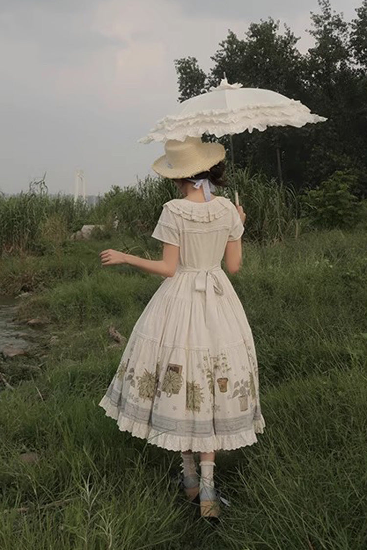 Ivory [Potted Plant] Short Sleeves Print Ruffle Sweet Lolita Dress - Product - 12