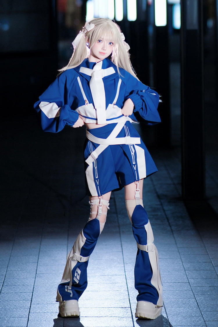 White/Blue [Zero-Type Transformation] Techwear Long Sleeves Embroidered Hooded Punk Jirai Kei Shorts Coat Set - Product - 7