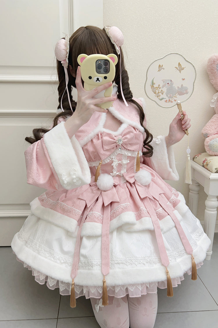 Pink [Snow Rabbit] Long Sleeves Ruffle Bowknot Fake Two Pieces Sweet Lolita Dress - Product - 4