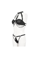 Black Detachable Hanging Neck Vertical Grain Texture Women's Punk Fun Suit - Product - 7