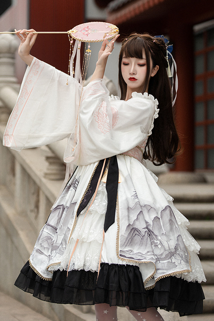 Chinese Style Long Sleeves Landscape Painting Print Bowknot Sweet Elegant Lolita Dress 2 Colors - Product - 9