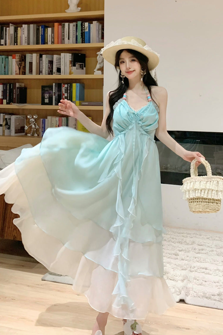 Mint Green [Dreaming About The Sea] Sleeveless Triple-Layered Ruffle Lace-Up Sweet Lolita Jsk Dress - Product - 3
