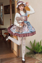 Brown Doll Print Ruffle Bowknot Sweet Lolita Strap Dress - Product - 4