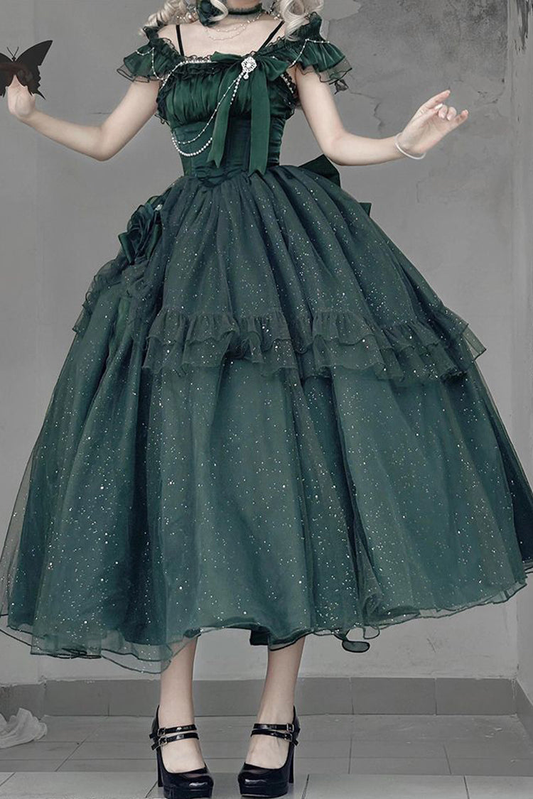 Green [Bright Stars] Off Shoulder Ruffle Bowknot Asymmetric Sweet Elegant Princess Lolita Dress - Product - 9