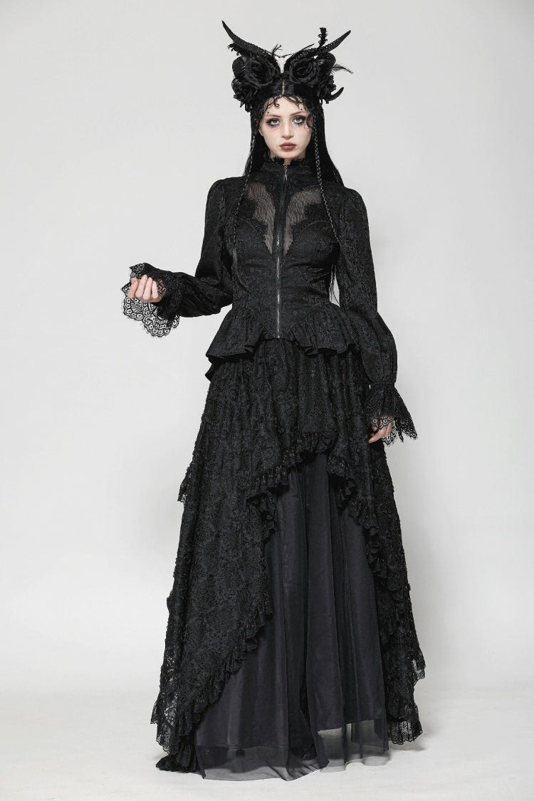 Black Stand Collar Long Trumpet Sleeves Lace Sheer Lace-Up Women's Gothic High Low Tail Coat - Product - 10