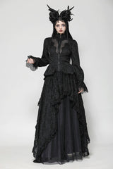 Black Stand Collar Long Trumpet Sleeves Lace Sheer Lace-Up Women's Gothic High Low Tail Coat - Product - 10