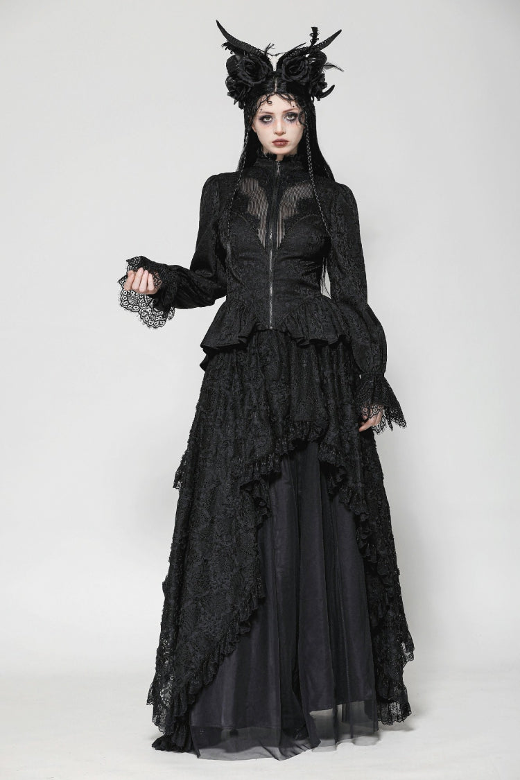 Black Stand Collar Long Trumpet Sleeves Lace Sheer Lace-Up Women's Gothic High Low Tail Coat - Product - 10