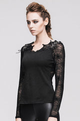 Black Sexy Transparent Spiderweb Back Mesh Long Sleeves Punk Women T-Shirt - Product - 6